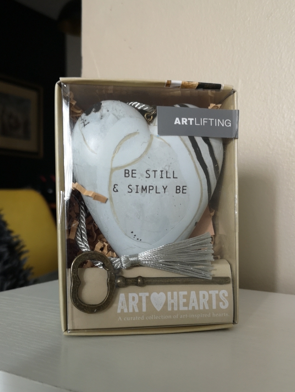 New in Box Art Hearts with Key Stand Black & Gray Design "Be Still & Simply Be"